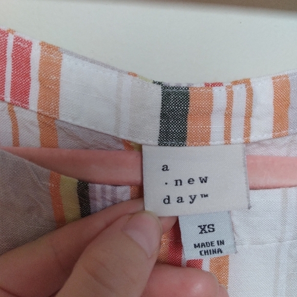 A New Day Orange and Green Striped Short Sleeve Linen Blend Blouse Size XS - Picture 5 of 7